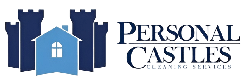 Logo for Personal Castles Cleaning Services, featuring a light blue house with a window in front of three dark blue castle towers, with the business name in bold blue text to the right.
