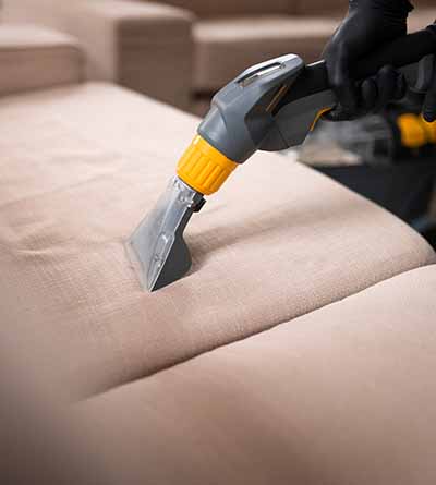 A gloved hand uses a handheld upholstery cleaning machine with a transparent nozzle to clean a light-colored fabric sofa.