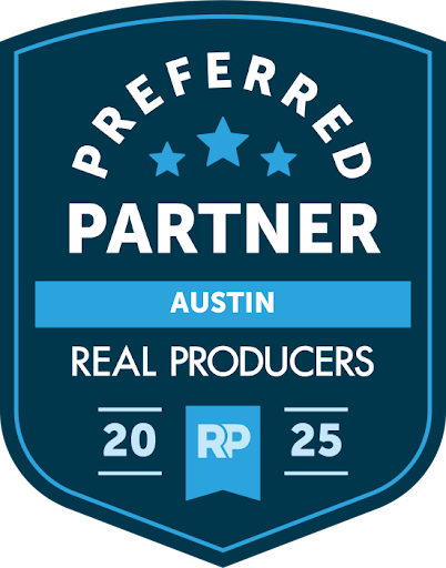 A blue badge with three stars reads "Preferred Partner, Austin Real Producers 2025" with the "RP" logo in the center on a ribbon.